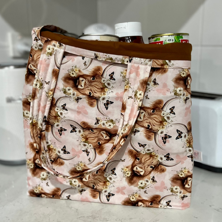 Grocery Tote ...Highland Cows ... Lined with storage pouch.