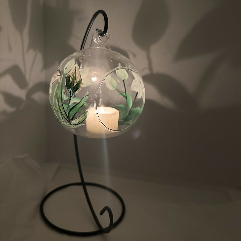 Glass Hanging Candle Holder Painted With Lilies