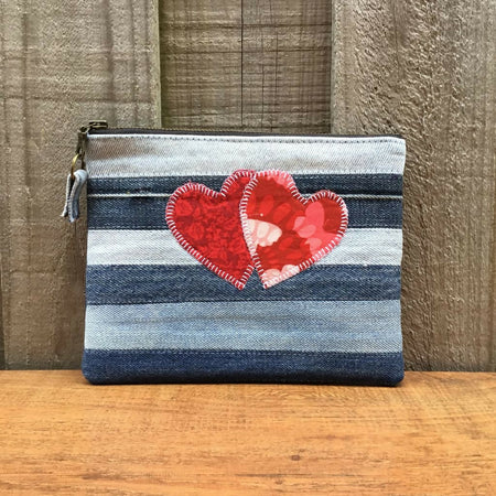 Upcycled Denim Striped Purse - Red Hearts