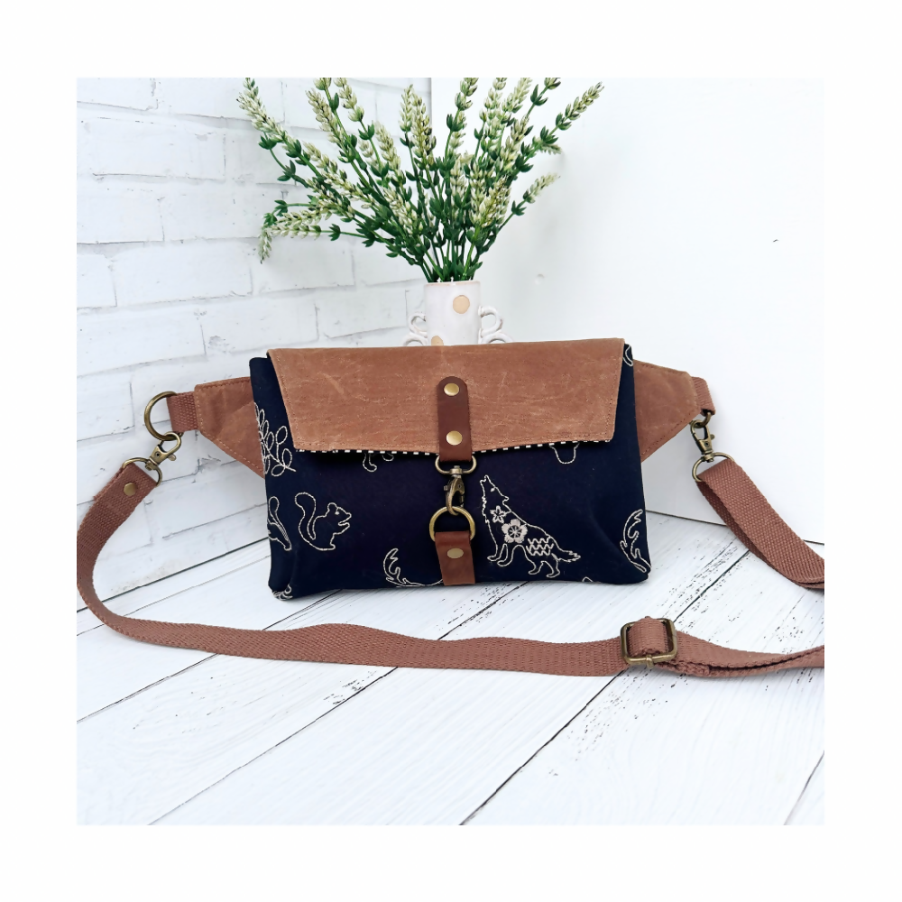 Haralson Belt Crossbody Bag - Embroidered Animals on Black