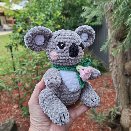 Beautiful, soft, grey velvet crocheted koala