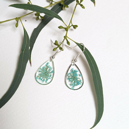 Silver dainty dangle earrings with teal Queen Anne's Lace