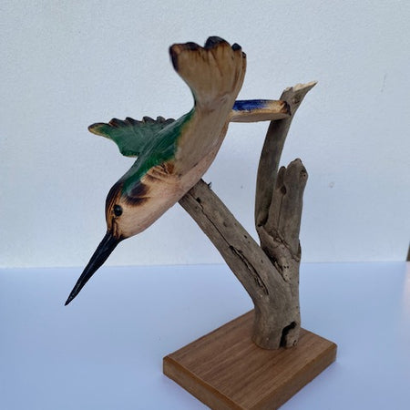Hand carved Colourful Kingfisher in flight