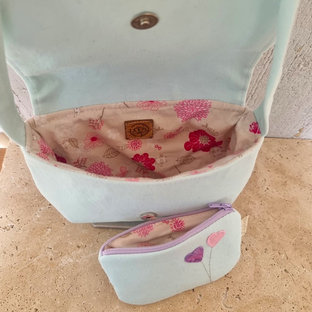 Upcycled hand embroidered child's handbag & purse gift set - heart balloons bunch