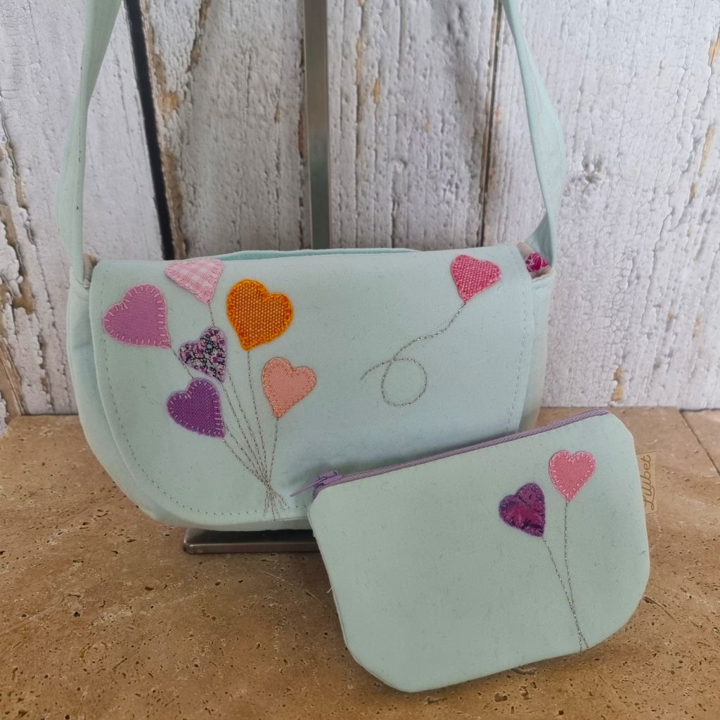 Upcycled hand embroidered child's handbag & purse gift set - heart balloons bunch
