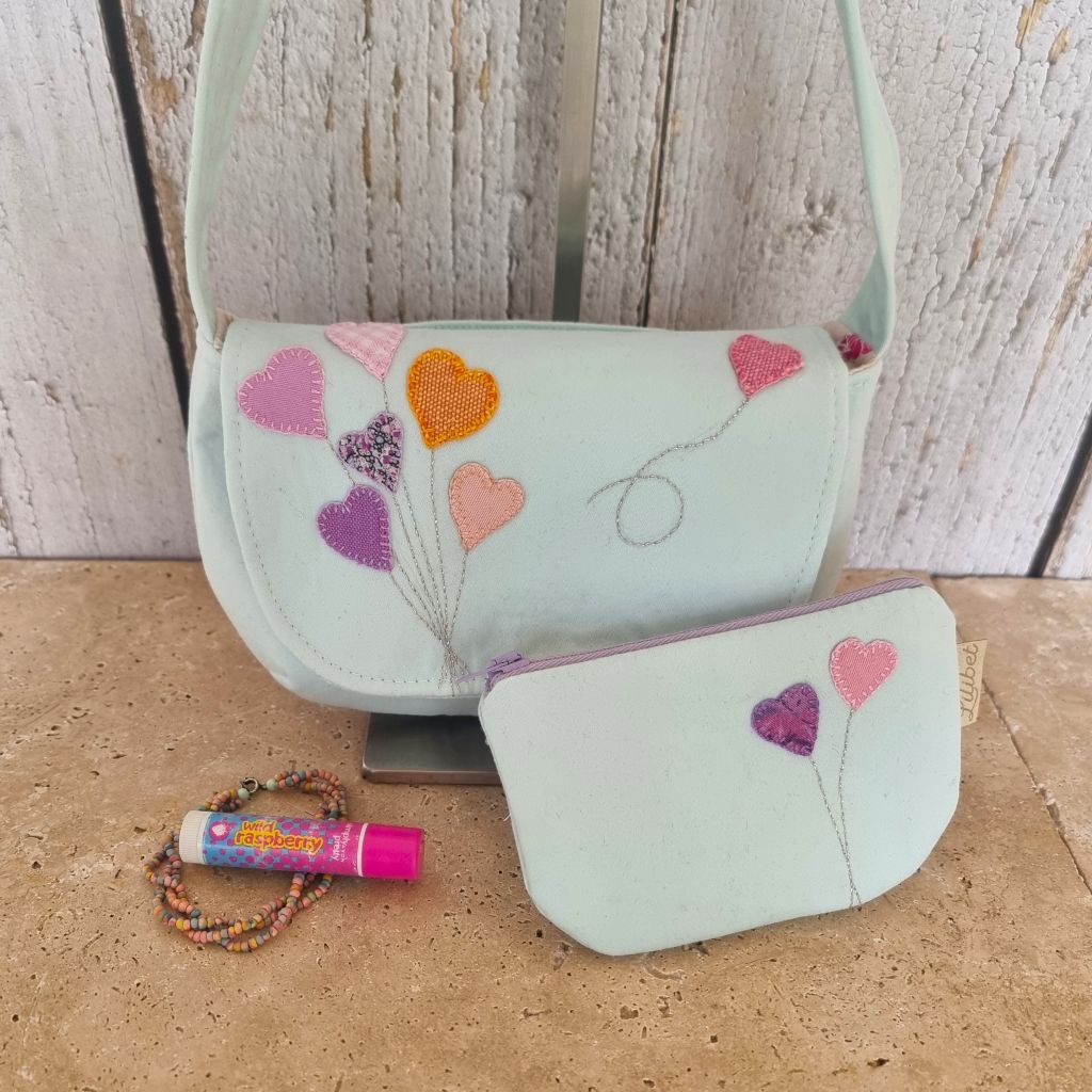 Upcycled hand embroidered child's handbag & purse gift set - heart balloons bunch