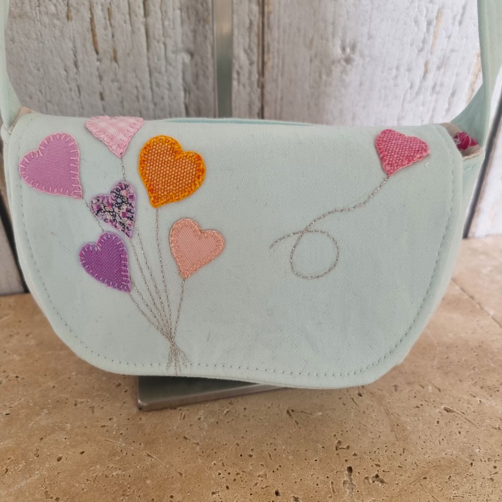Upcycled hand embroidered child's handbag & purse gift set - heart balloons bunch