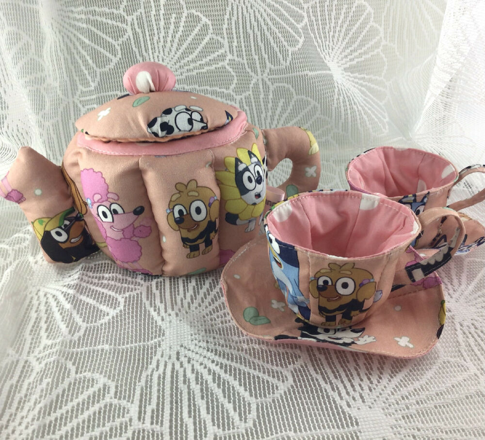 My First Teaset fabric Teaset Bluey pink print