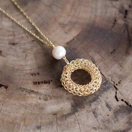 Gold Knitted Wire Pearl Pendant