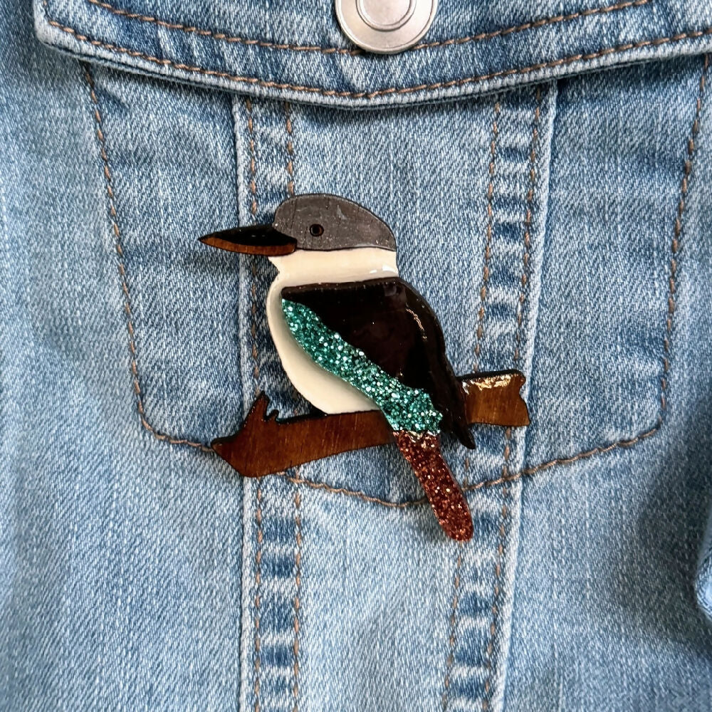 Australian-handmade-laughing-kookaburra-brooch-wood-glitter-resin-on-jacket-light-square