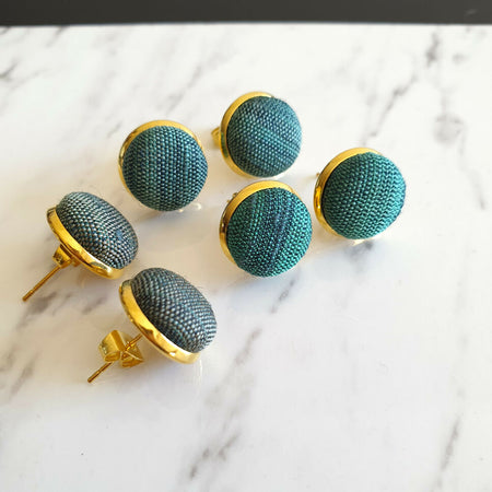 1.4cm Round Green Gradient Japanese Kimono Fabric Gold colour Cabochon stud earrings