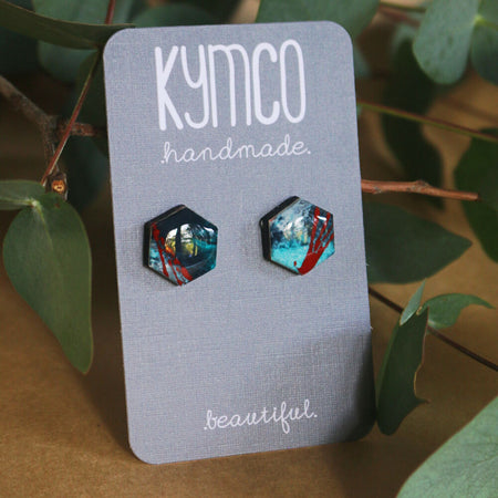 Sea and Sky Collection| Hexagon resin stud earrings| Blue Red lines