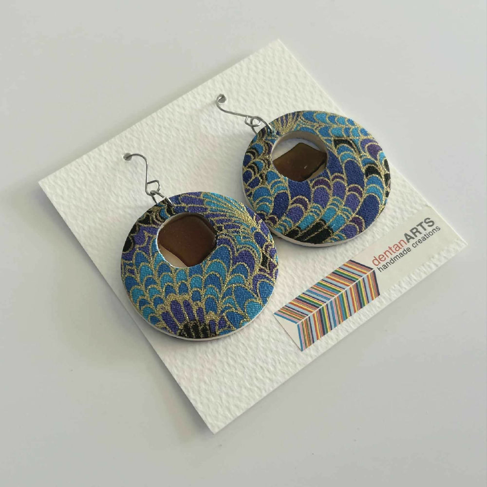 Hikari Woodglass Jewelry Series : Japanese Fabric Wooden Earrings with Sea Glass (Large for the Bold)