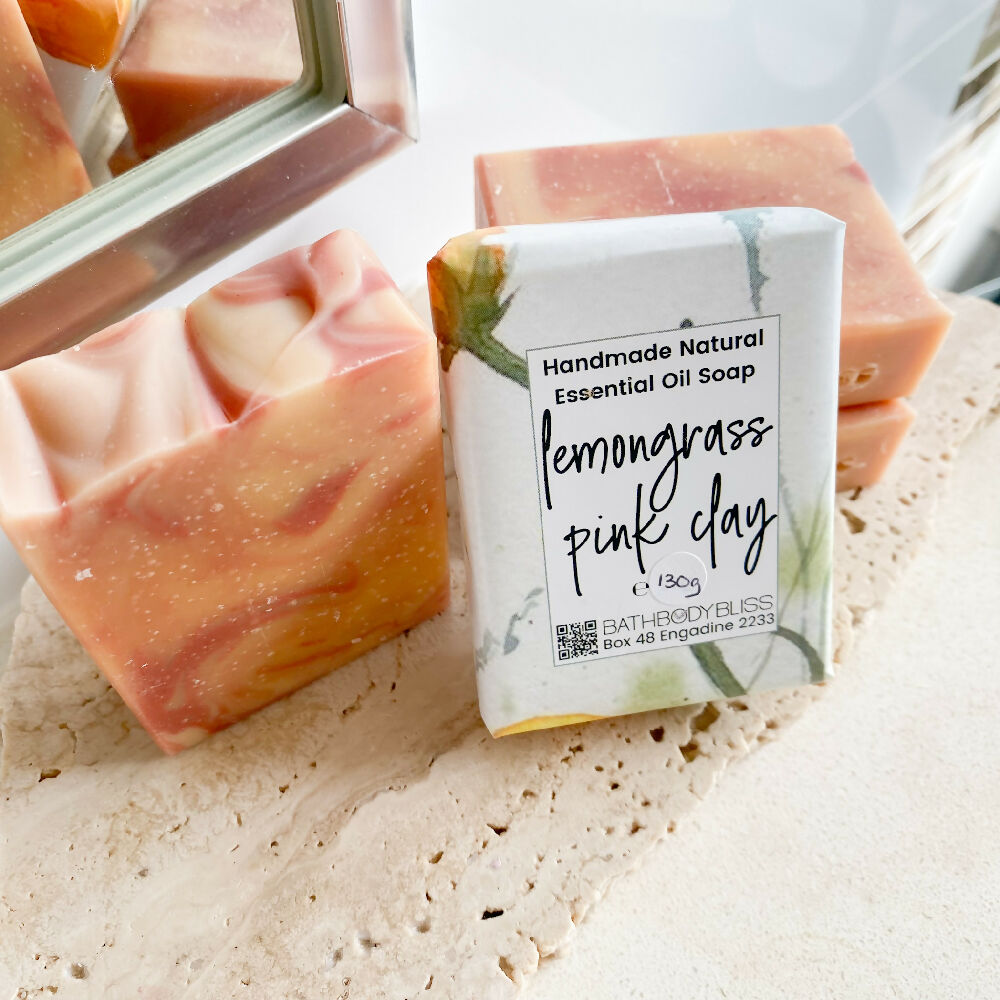 Handmade Lemongrass & Pink Clay Soap with essential oil view 2