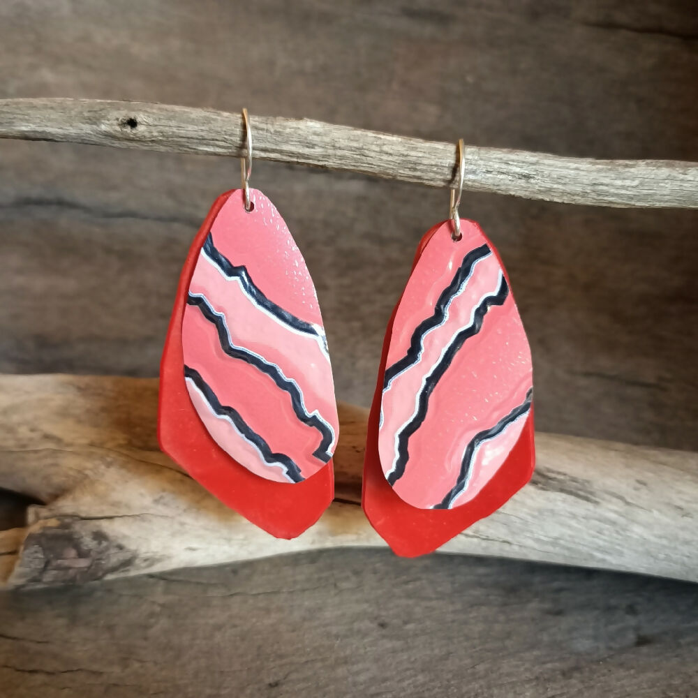 upcycled handmade earrings pink red trianglular hanging