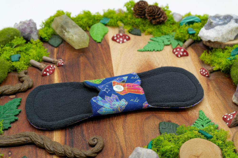 dig the flow reusables reusable cloth pad australian handmade mazmade blue green mushrooms bamboo lycra blue crystals cotton unique one-of-a-kind mishmash menstrual health business - softshell waterproof backer wing closure kam snaps