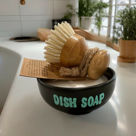 Natural Solid Dish Soap in Stoneware Bowl with Pot Brush