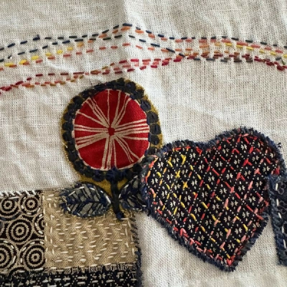 Detail from Lucky Cat handstitched linen teatowel by Leumesin Handmade