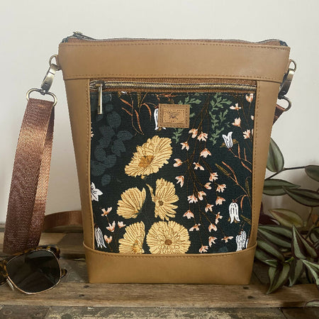 Hipster Crossbody Bag - Yellow Floral on Black/Tan Faux Leather