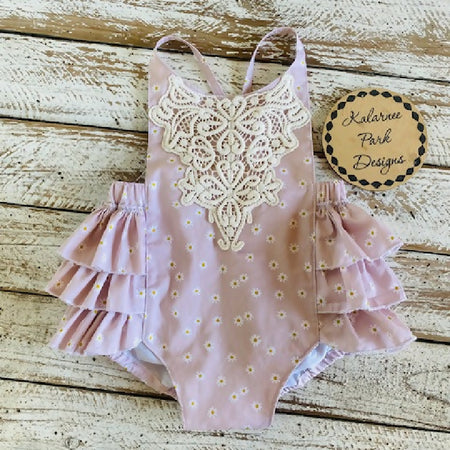 Baby Girl Boho Ruffle Romper Size 18-24 months 'Dusty Pink Daisies'