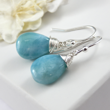 Blue Larimar Drop Earrings Sterling Silver
