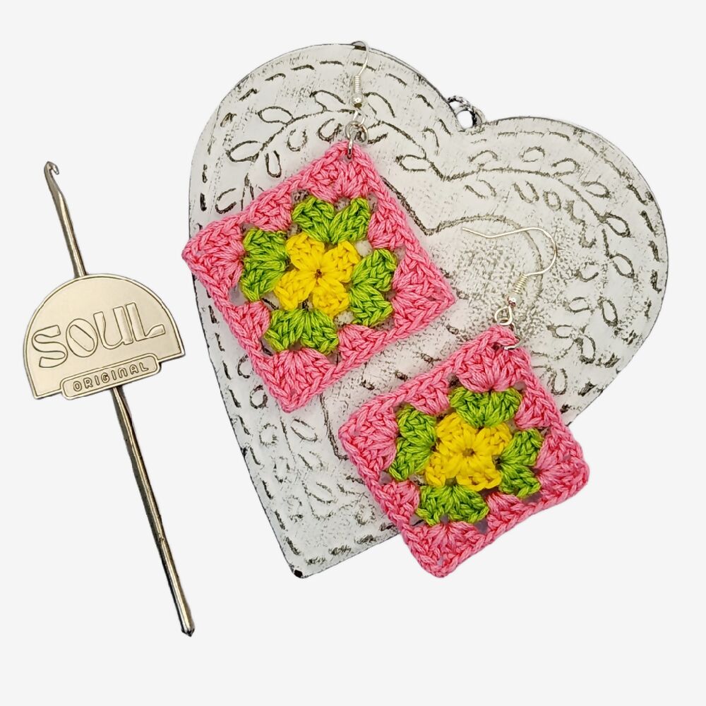 Crochet Earrings - Granny Square - Lemon, Lime & Cotton Candy Pink