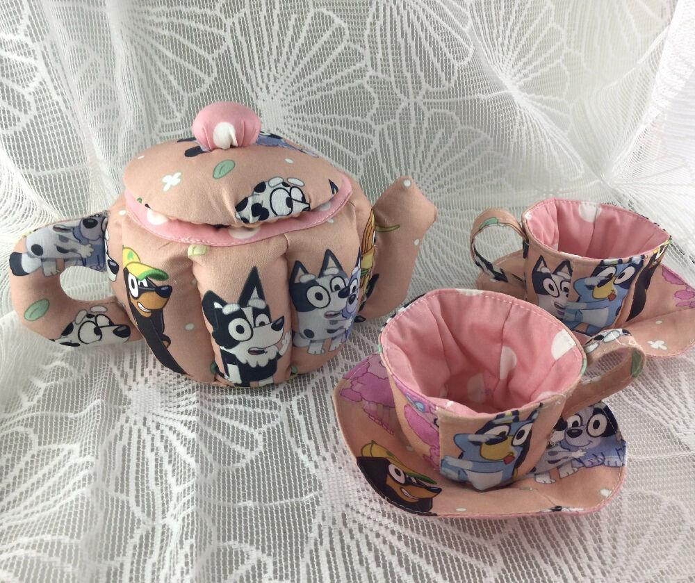 My First Teaset fabric Teaset Bluey pink print