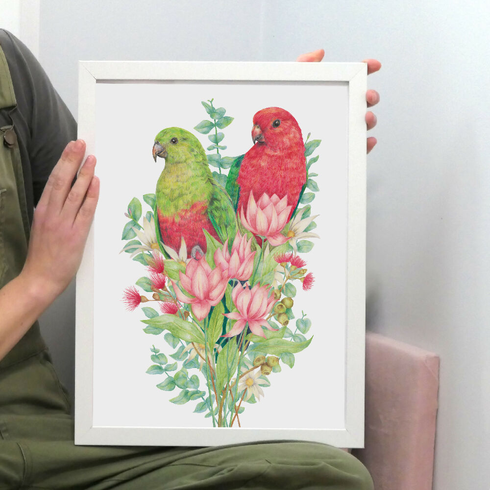 A4 art print of Australian King Parrots, by Australian artist Kayla Reay.