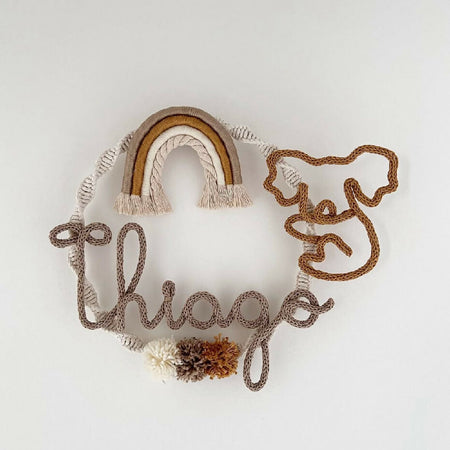 Macrame decoration with customise name in knitting with macrame raimbow and koala