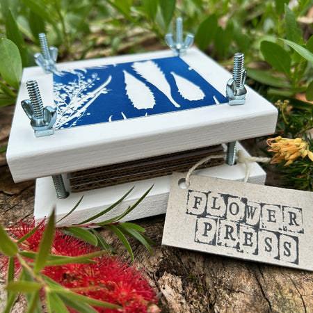 Small Flower Press decorated with banksia leaf cyanotype, DIY flower pressing