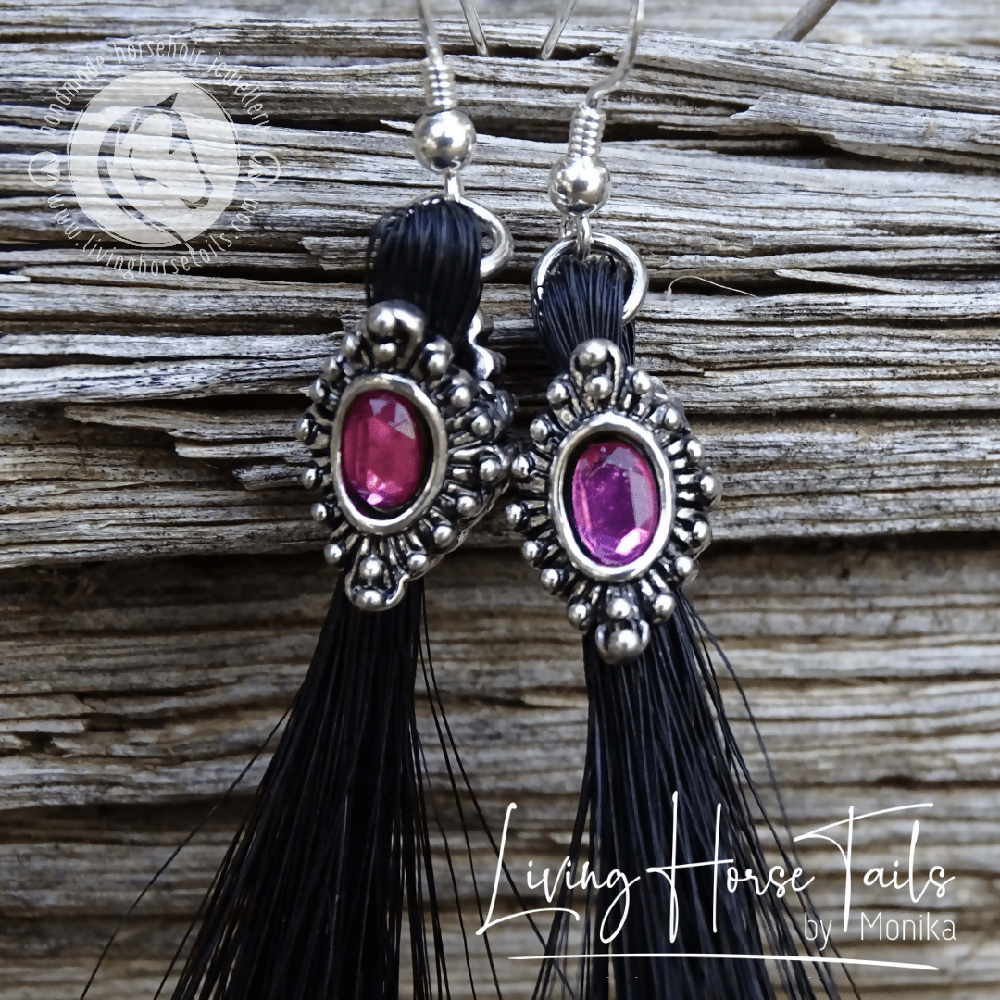 Bling Rhinestone Horse Hair Tassle Earrings - Fuchsia