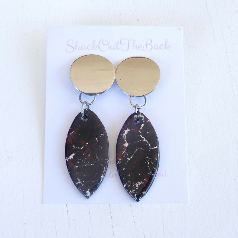 Black Polymer Clay Earrings "Silver Fire" Leaf