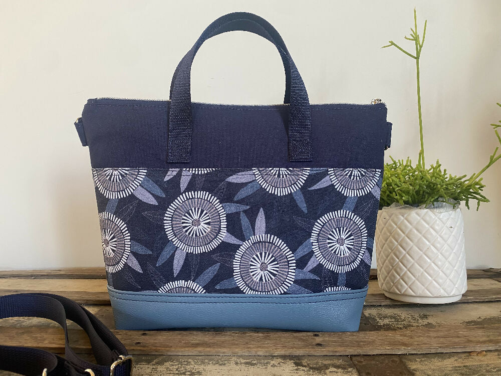 Lola Crossbody/Tote Bag - Blue Gum Blossom/Blue Faux Leather