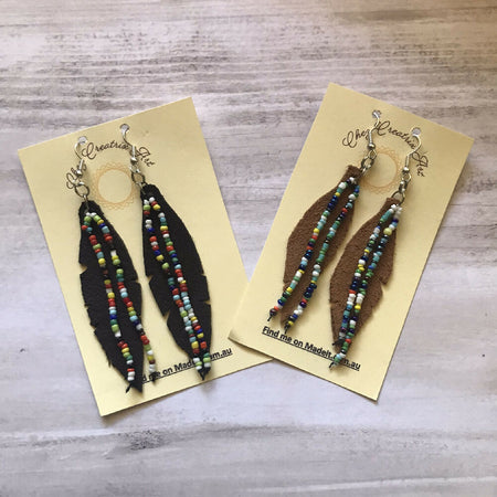 Earrings - Leather Feather with 2 Bead Strands