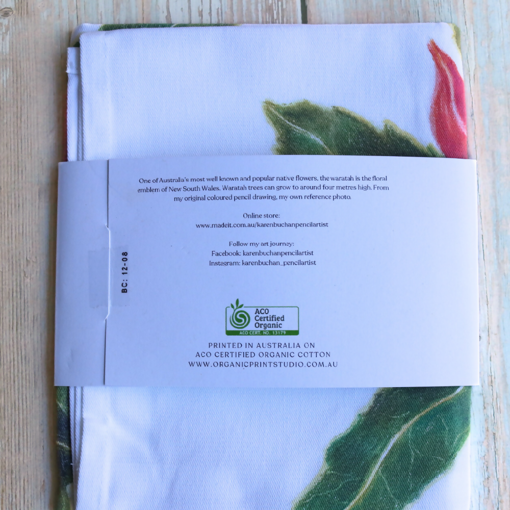 Australian-artist-illustration-waratah-tea-towel-label-text