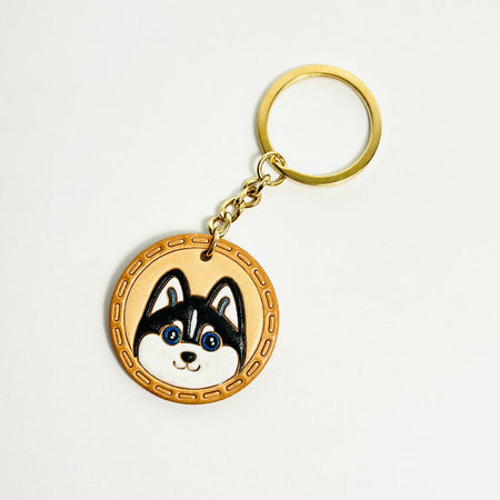 Husky Dog Face Leather Key chain with hand-painting