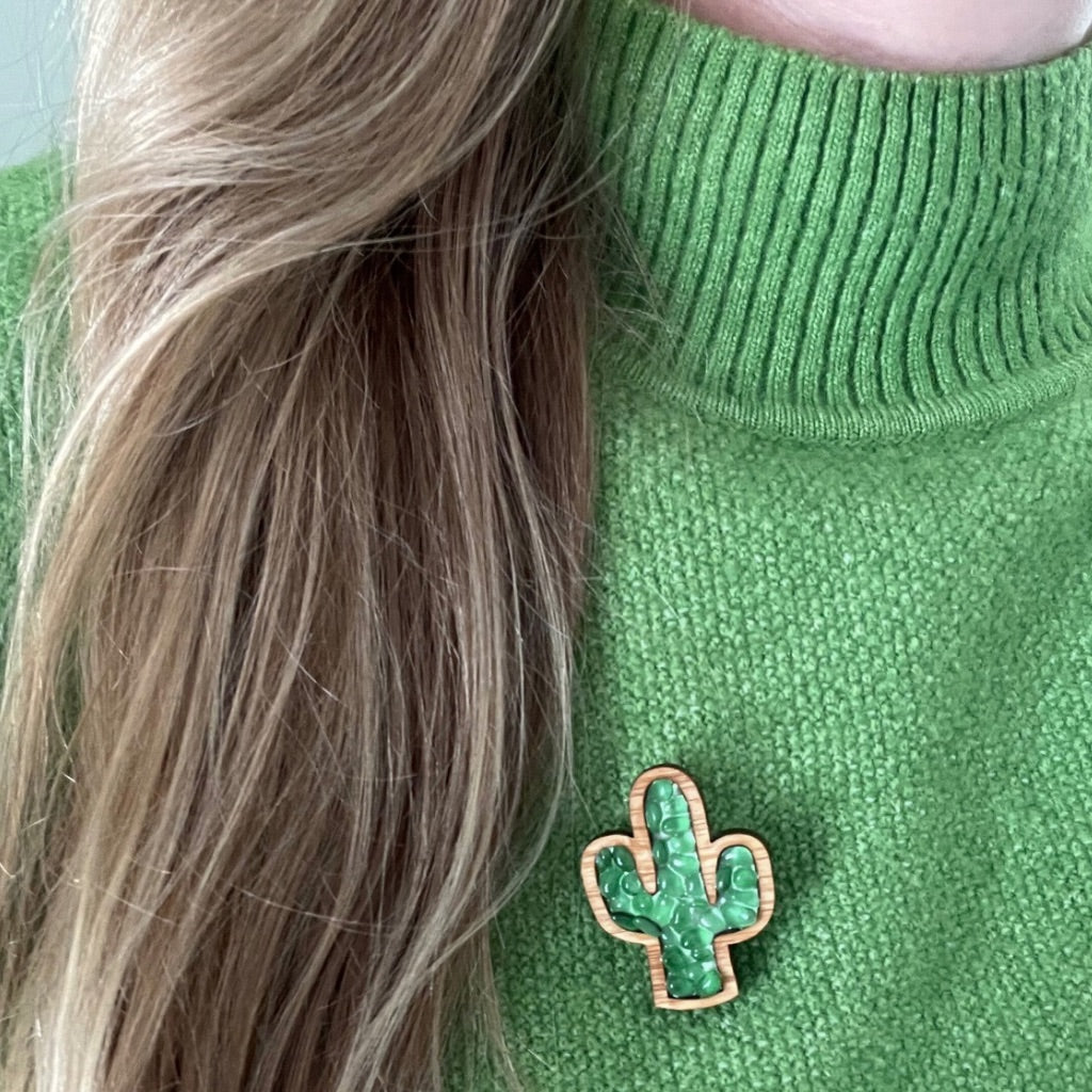 Unique Wooden Cactus Brooch
