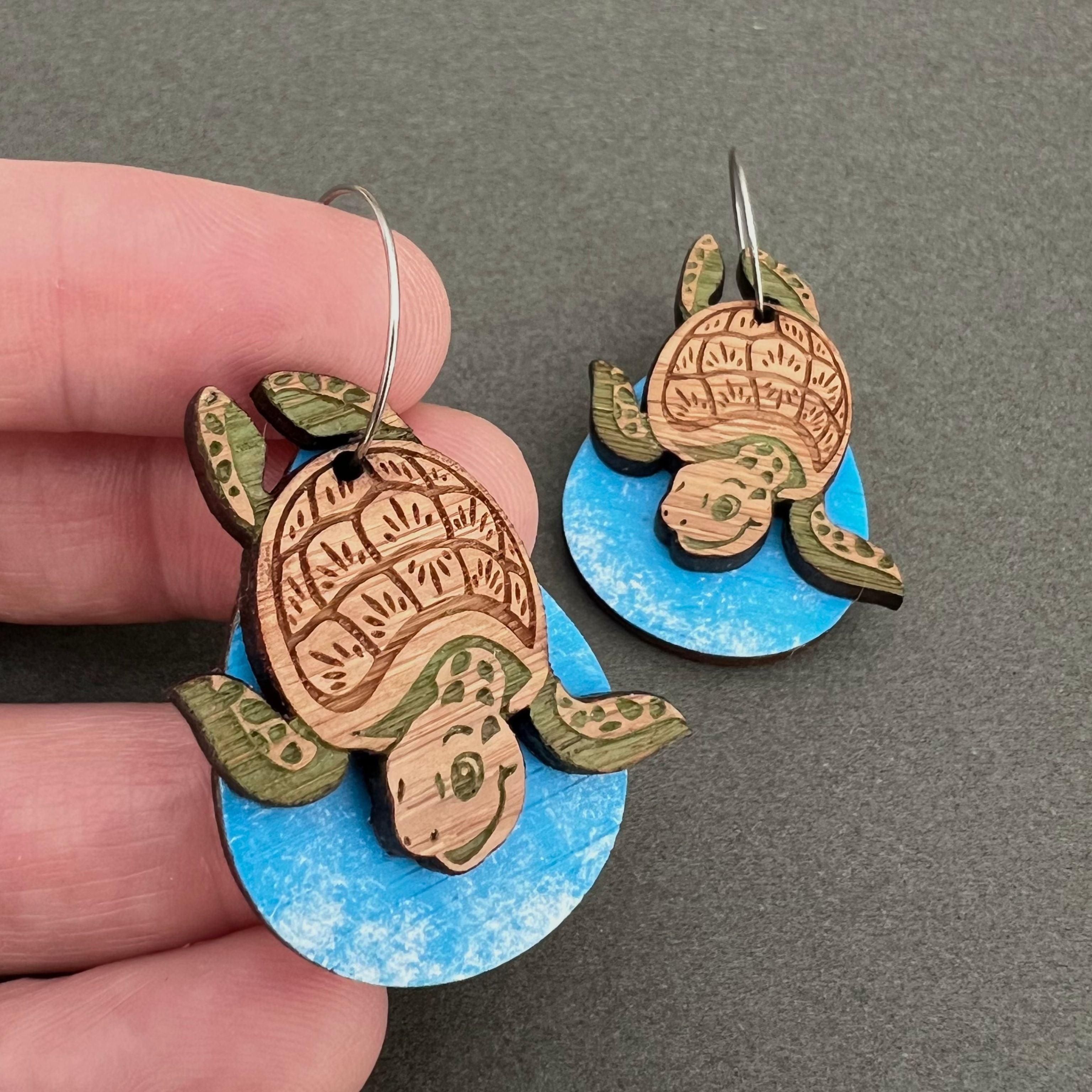 Fun Turtle Unique Wooden Earrings