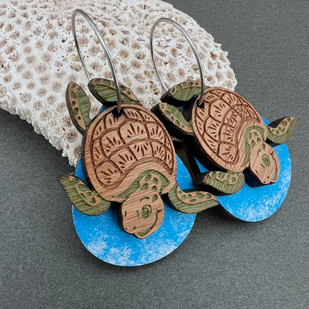 Fun Turtle Unique Wooden Earrings