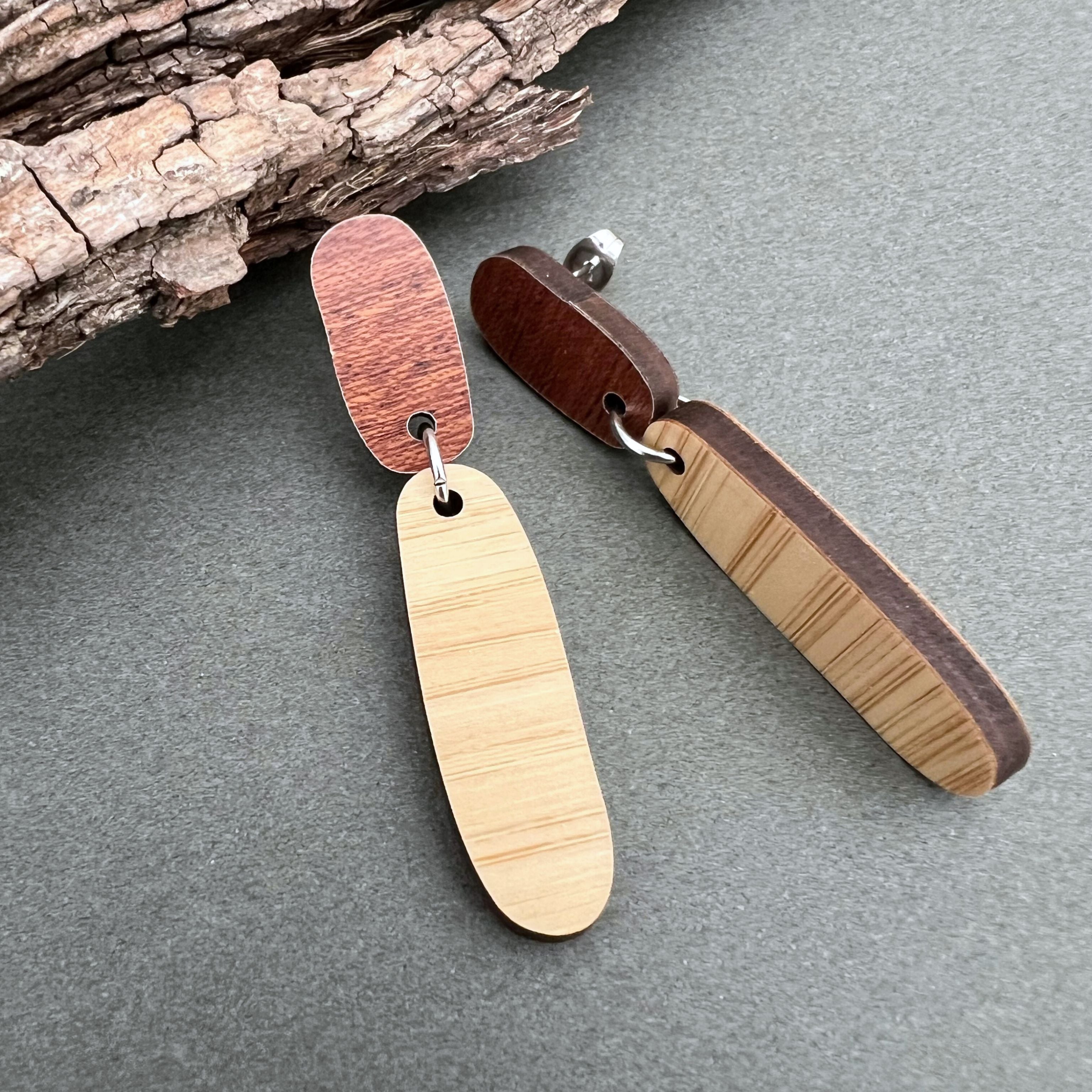 Natural Wooden Two Tone Dangle Earrings