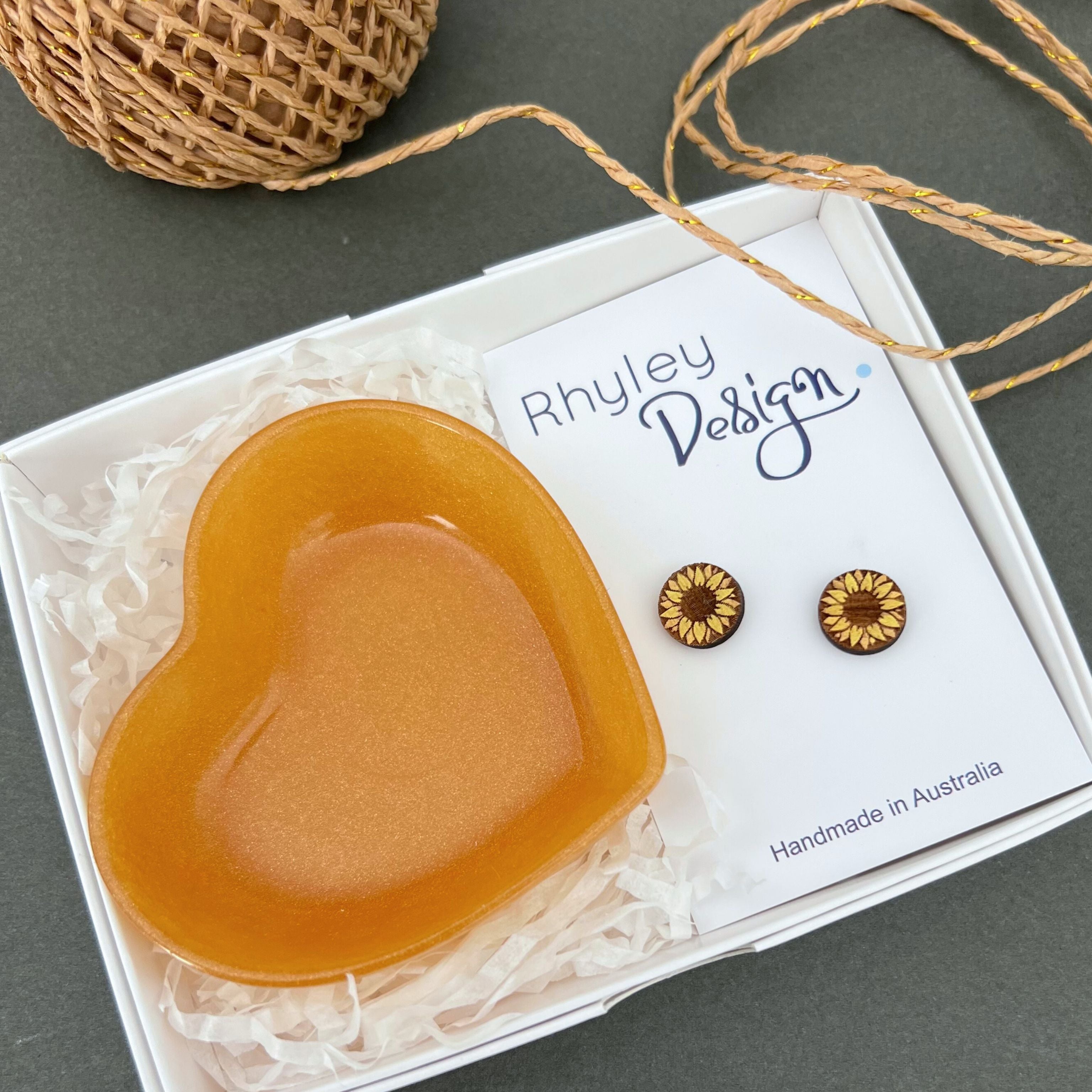 Sun flower Heart Gift Set Earrings And Trinket Dish