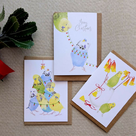 Set of 3 budgie Christmas cards