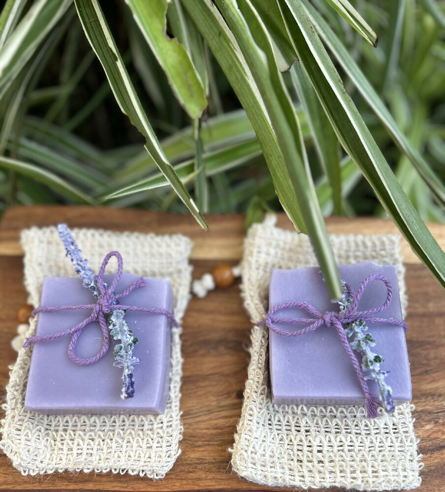 handmade lavender soap and natural soap saver bag gift pack