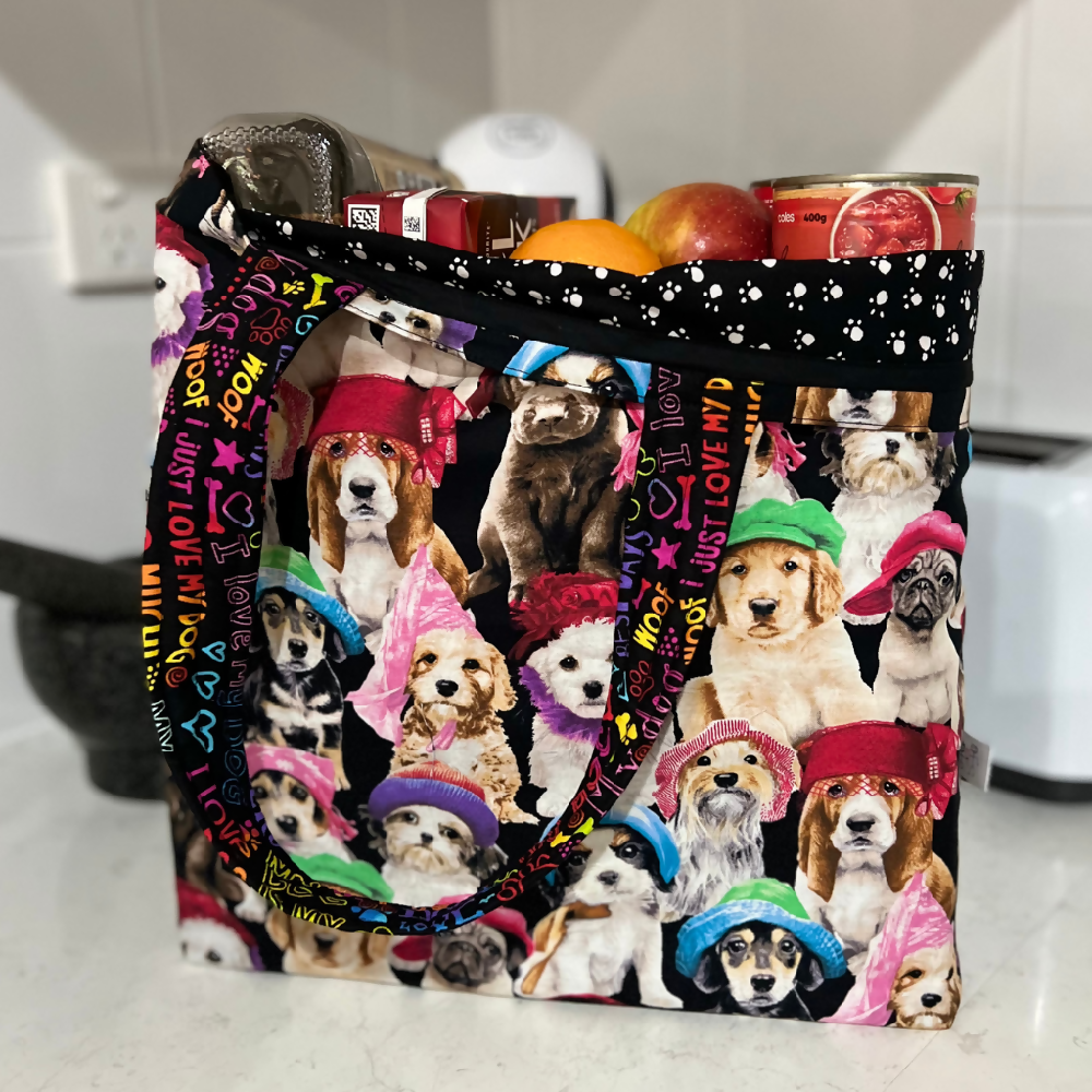 Grocery Tote ... Lined with storage pouch ... Dogs in Hats