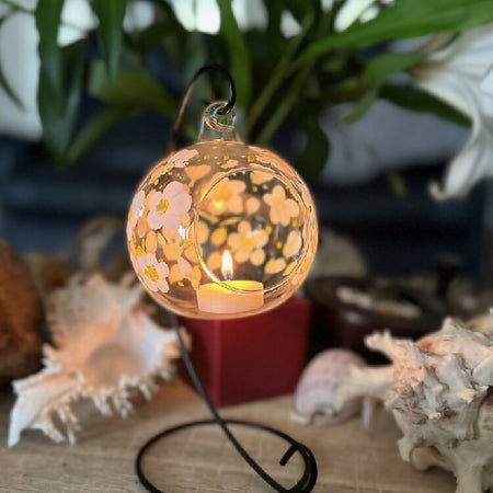 Glass Hanging Candle Holder Painted With Little Daisies