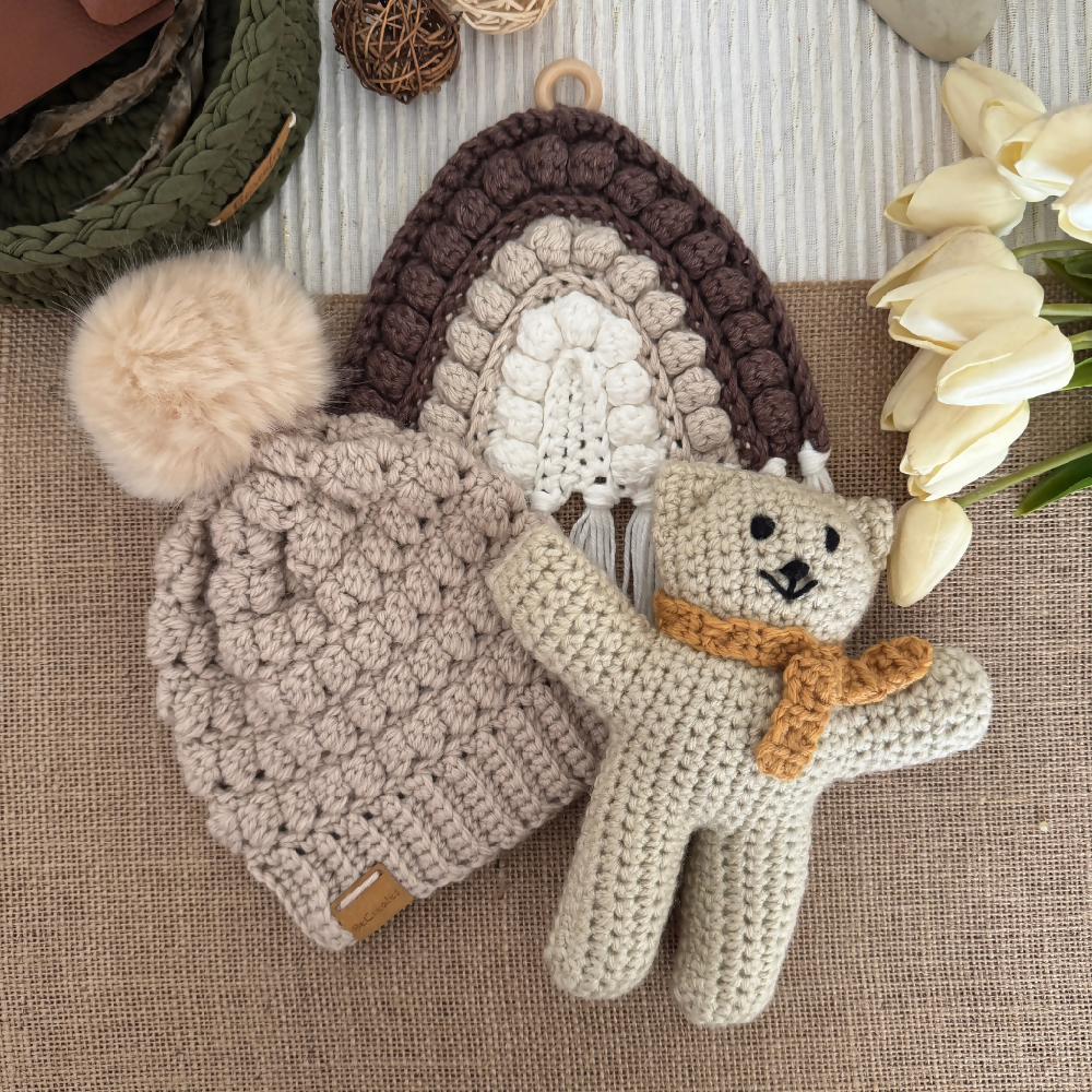 Handmade Earth Baby Gift Set – Bear, Beanie and Wall Hanging-Beige
