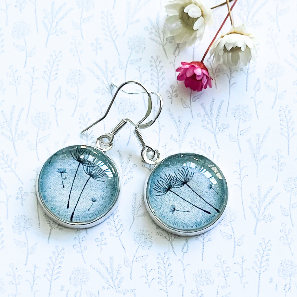 Blue Dandelion Flower Earrings