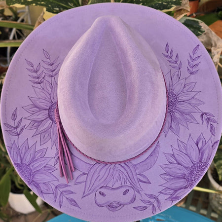Hand burnt fedora hat - Highland cow & sunflower pyrography hat