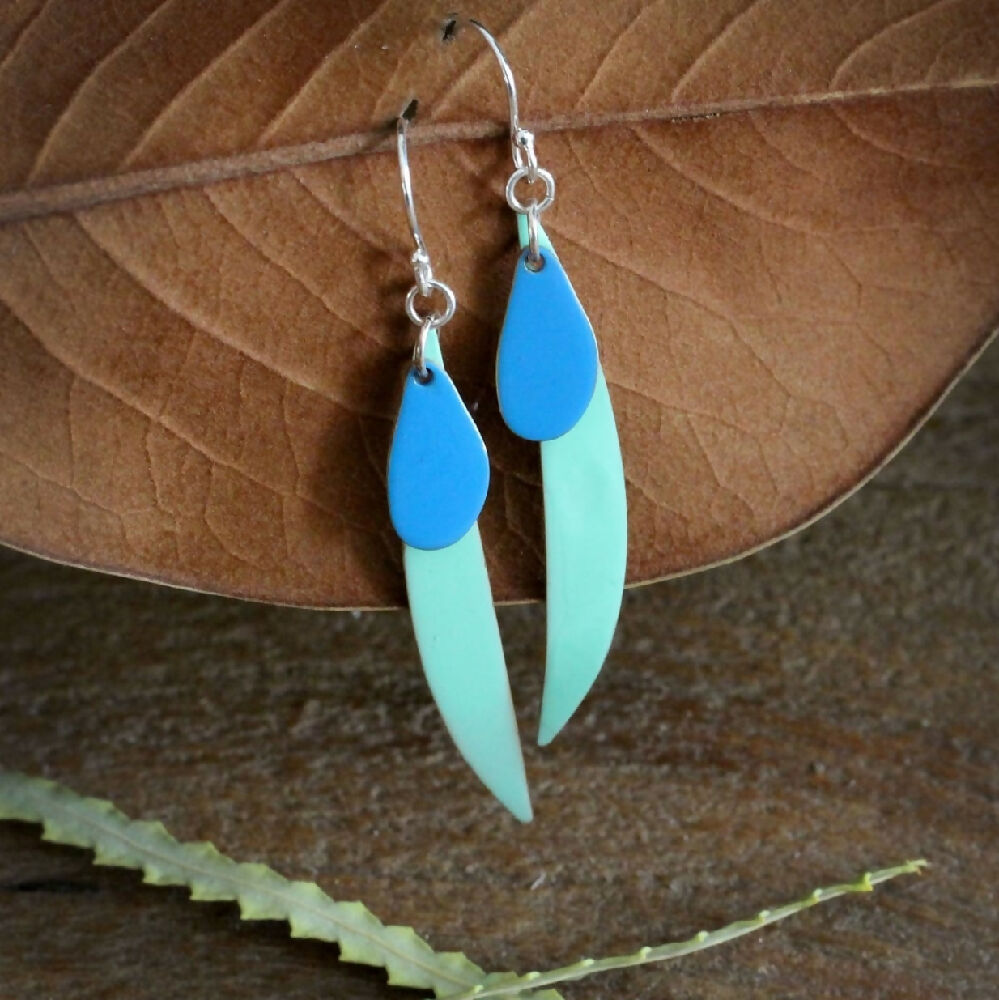 Green and blue leaf earrings