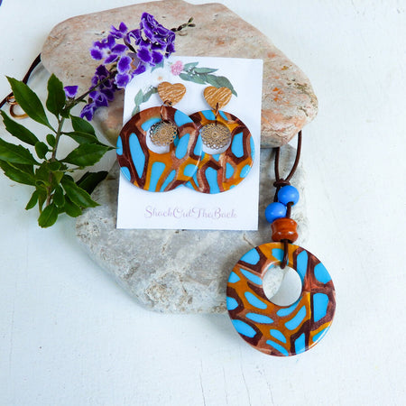 Blue & Gold Polymer Clay Earring/Pendant Set 